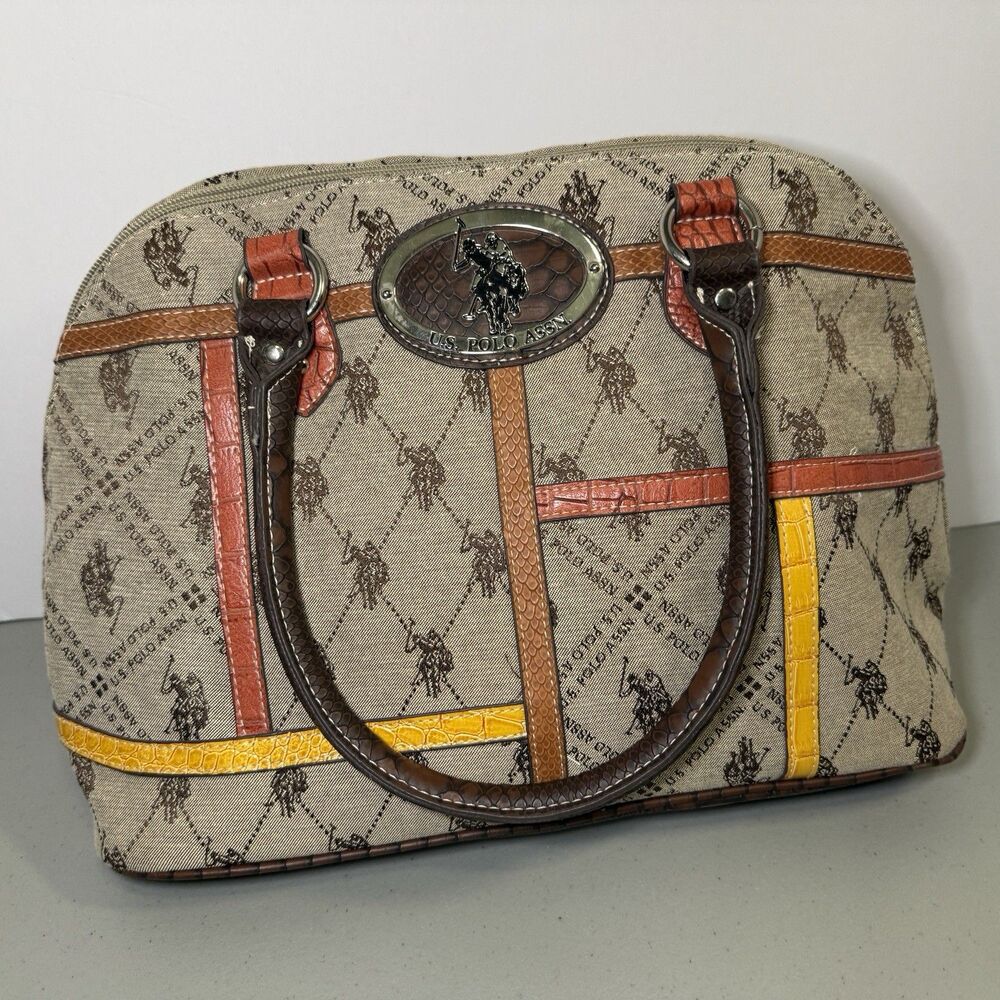 U.S. Polo Assn. Monogram Satchel Handbag w/ Leather Trim – Multi Color Stripes
